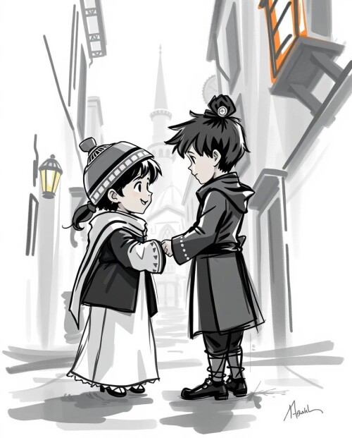 Dynamic-digital-sketch-loose-painterly-strokes.-Classic-black-and-white-high-contrast-dramatic-lighting-rich-textures.-Pixar-style-depiction-of-two-children-in-Ottoman-attire-greeting-each-other-in-Is.jpg
